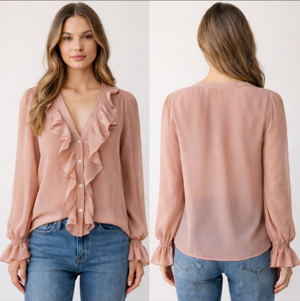 Dusty Rose Ruffle Chiffon Blouse Sheer Long Sleeve Size S - Picture 1 of 3